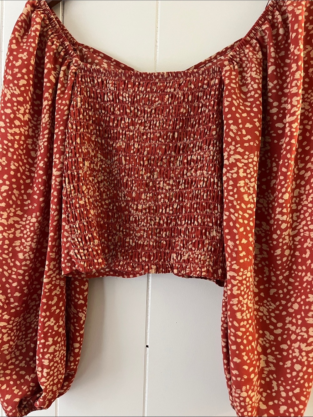 Womens Off-Shoulder Long Sleeve Crop Top - Rust Spot Print - Picture 8 of 13
